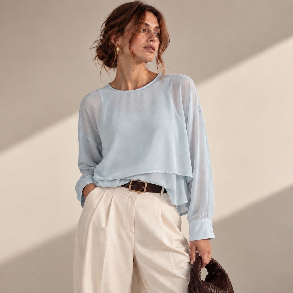 Topshop US 8 Ice Blue Sheer Layered High Low Blouse Minimalist Quiet Luxury